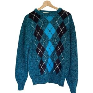 Vintage New Accents Teal Argyle Wool Blend Sweater M